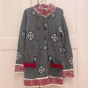 2/$20 Tahari sz 5/6Y grey, white and red fair isle cardigan and hat set.